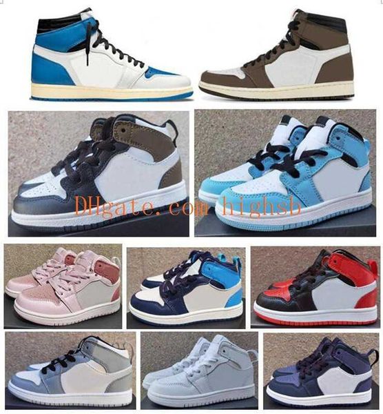 

kids 1 1s ts fragment dark mocha university blue bred toe digital pink basketball shoes i mid children boys girls sports sneakers kid gifts, Black