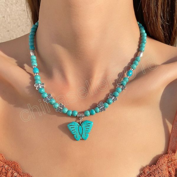 

vintage turquoise stone butterfly pendant collar necklace bohemian style strand choker necklaces female jewelry gift, Silver