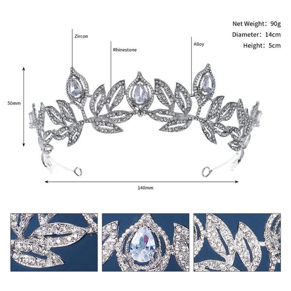 

bride zircon crown alloy water diamond wedding accessories princess leaf wedding headwear manufacturer direct supply ts-0036-a, Silver