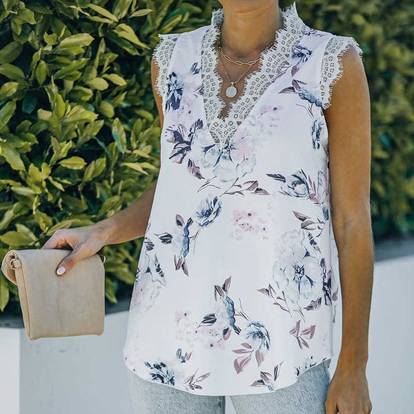 

women tank summer fashion new print wear loose lace v-neck sleeveless women, White