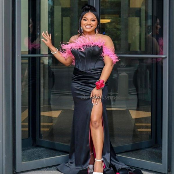 

plus size black prom dress with pink feather high slit aso ebi night party dance dresses evening wear strapless formal african black girls v