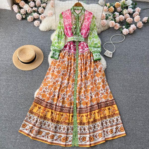 

casual dresses 2023 summer women fashion runway chiffon dress lantern sleeve colorblock flower print loose long dresses, Black;gray