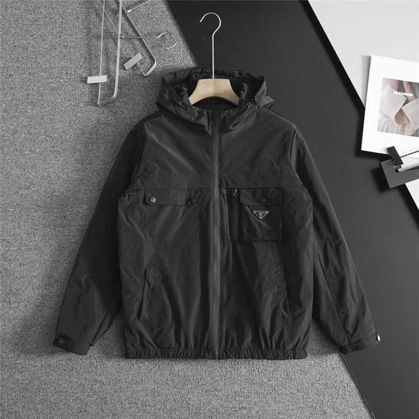 

Men's Jackets P Family High Version Cotton Coat Pu Triangle Pocket Winter Down Warm Hooded Jacket OWR9, Black
