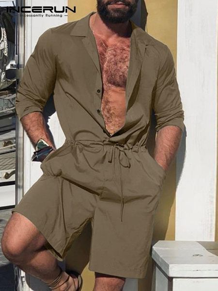 

pants men rompers solid color 2022 lapel long sleeve drawstring button jumpsuits streetwear fashion casual men cargo overalls incerun, Black