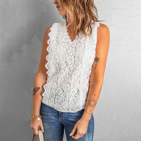 

lace vest shiying women's summer new pure color hollow lace knitted women, White