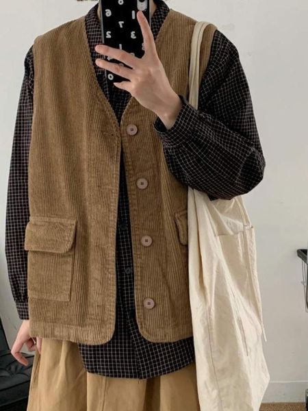 

leather gmiixder japan cargo corduroy vest men and women hong kong style vintage pocket loose sleeveless jacket safari waistcoat, Black