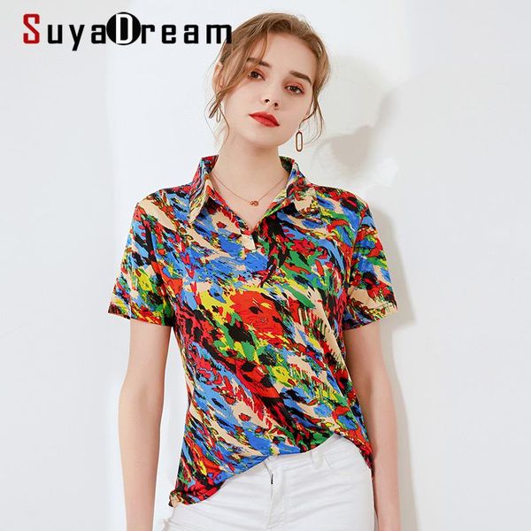 

polos suyadream women print polos 100%real silk short sleeves casual shirts 2021 spring summer t shirts plus size, White