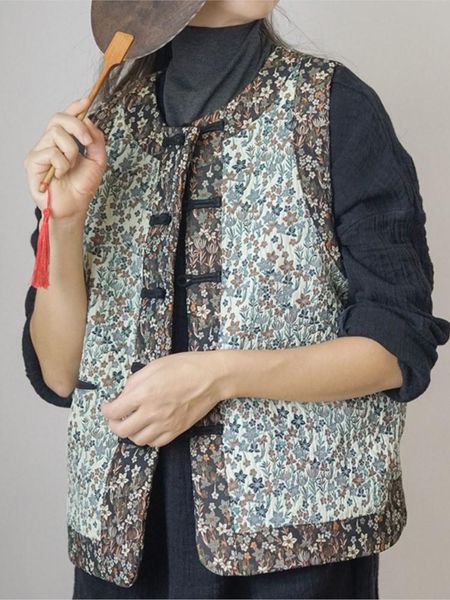 

vests johnature women quilted vest polyester print floral oneck sleeveless button 2022 autumn winter new chinese style thick coat, Black;white