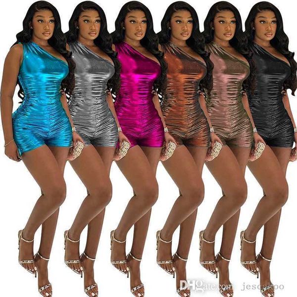 

summer women bodycon jumpsuits rompers designer 2023 solid color metallic shiny pleated oblique one shoulder bodysuit shorts, Black;white