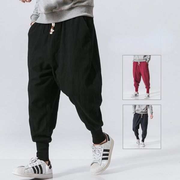 

pants spring autumn sweatpants cotton flax trousers ankle pants men loose harem chinese style bloomers linen sweat pants, Black