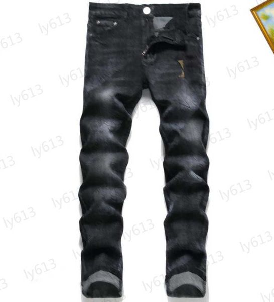 

black mens jeans summer spring designer fashion classic printed trendy brand slim fitting straight stretch casual pants male denim trousers, Blue