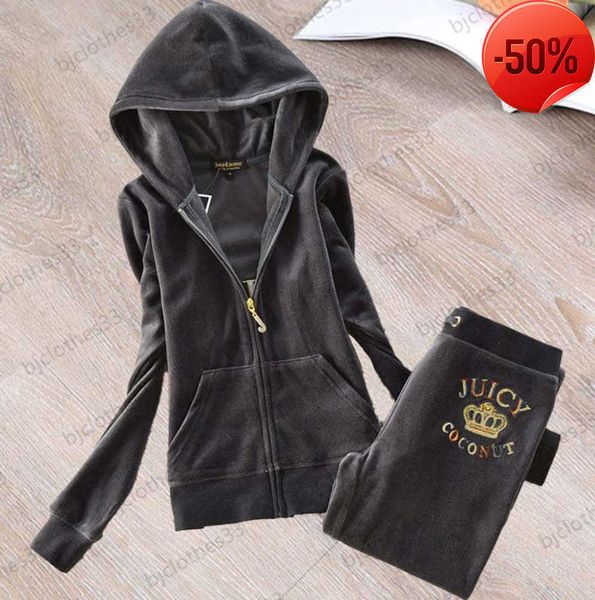 

design trend juicy tracksuit womens two piece pants zipper open long-sleeved hooded slim jacket crown print elastic waist casual trousers w, Gray