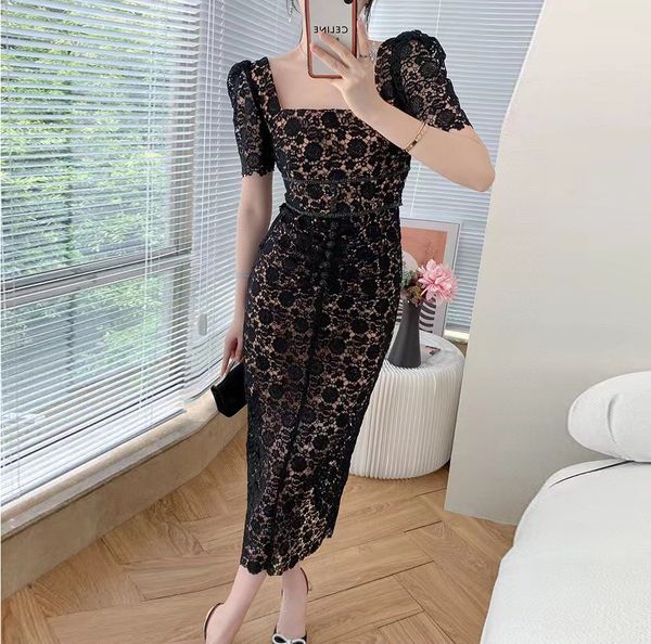 

fanncy dress square neck short sleeve lace hollow out gatered waist black midi dress, Black;gray