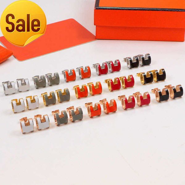 

quality luxury women studs fashion h letter enamel temperament simple daily all-match earrings black white red orange color wedding jewelry, Golden;silver