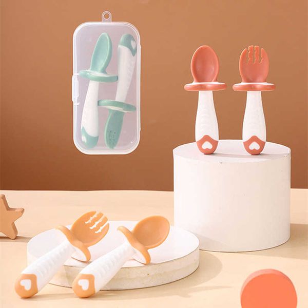 

cups dishes utensils 2pcs/set baby spoon fork bpa silicone soft tip infant red green cutlery baby feeding tableware baby learn short spoon s