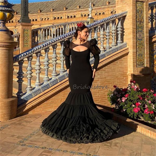 

spanish black flamenco prom dress with polka dot tulle backless long sleeve dance evening gown ruffles costume formal 2023 robe de mariee ve
