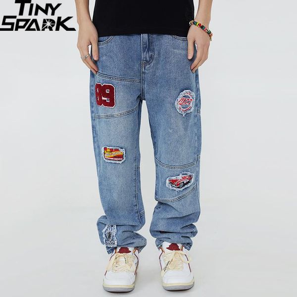 

pants men hip hop streetwear denim pants embroidery patches denim pants 2022 harajuku cotton harem pants trousers joggers jeans blue, Black