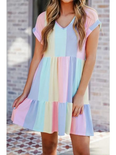 

multicolor striped color block tiered mini dress, Black;gray