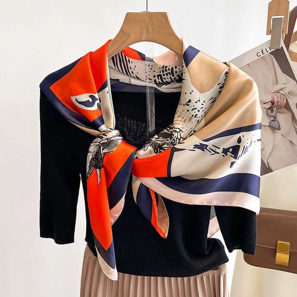 

scarves women summer sunscreen kerchief popular 90x90cm square silk hijab luxury for gift design scarves 2023 model fashion small turban j23, Blue;gray