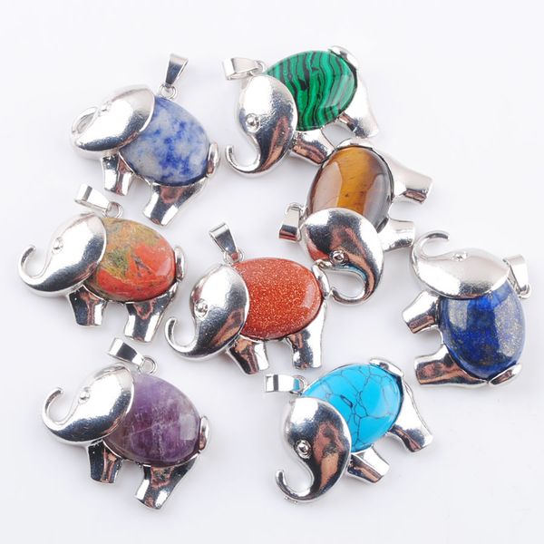 

natural amethyst amazonite malachite stone pendants energy animal elephant shaped charm chakra jewelry banquet party accessories gifts whole, Silver