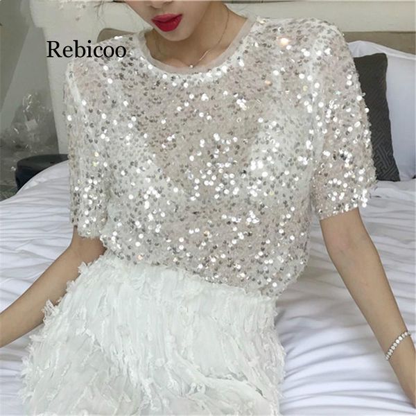 

t-shirt new arrival solid oneck loose tshirt short sleeve casual fashion summer women sequined white t shirts