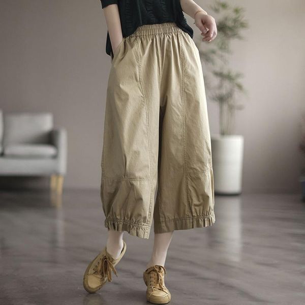 

capris 2022 summer new arts style women elastic waist calflength loose pants allmatched casual solid cotton wide leg pants c232, Black;white