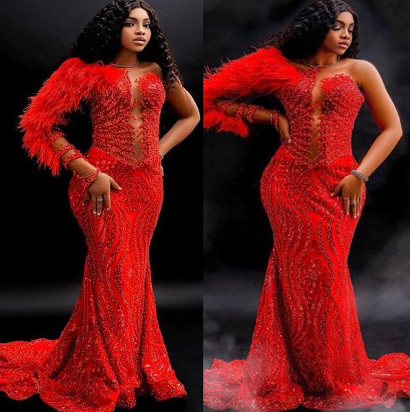 

2023 april aso ebi red mermaid prom dress beaded feather evening formal party second reception birthday engagement gowns dress robe de soire, Black