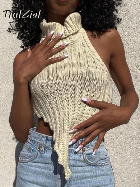 

tanks tiulzial ribbed knitted turtleneck crop 2022 sleeveless backless summer tank women y2k off shoulder top, Black;white