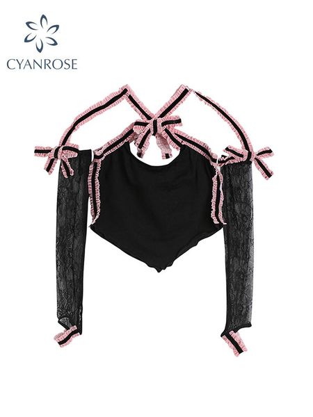 

tanks summer new 2022 gothic long sleeve y2k crop women streetwear fashion agaric lace bow bandage black vest egirl punk clothes, Black;white