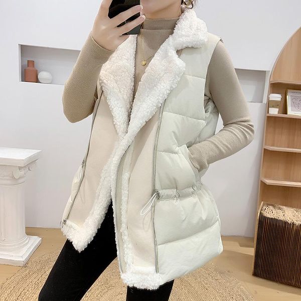 

vests zipper women's vest lamb wool patchwork jacket slim waist casual winter coat for women solid color korean fashion outwear, Black;white