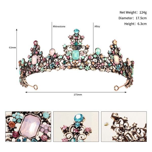 

european and american alloy crown, retro gold inlaid with seven colored diamond crown, princess crown, studio p headdress ts-0203-a, Silver