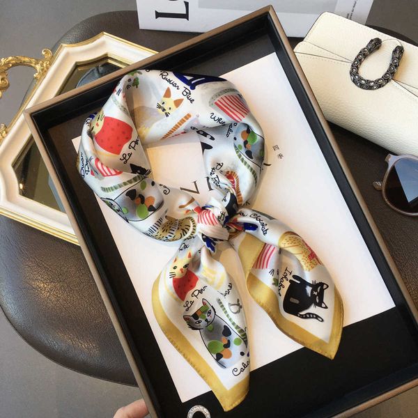 

scarves luxury brand 2022 silk square scarf women cat neck hair tie band beach hijab kerchief head headbands bandana female foulard 70cm j04, Blue;gray
