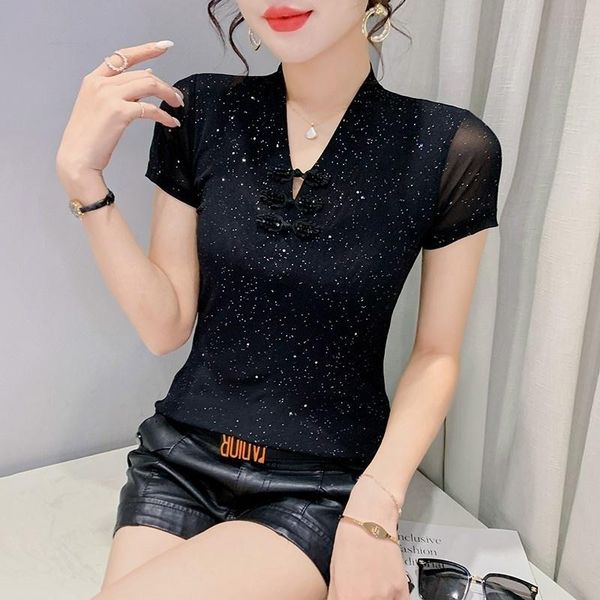 

t-shirt #6035 black red blue green mesh t shirt women buttons vneck short sleeve t shirt female chinese style vintage women tshirt, White