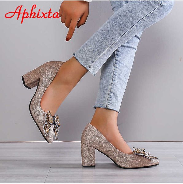 

sandals aphixta new appliques 7cm square heel shoes women pumps bling butterflyknot flowers officile pointed toe super big size 49 50 j23042, Black