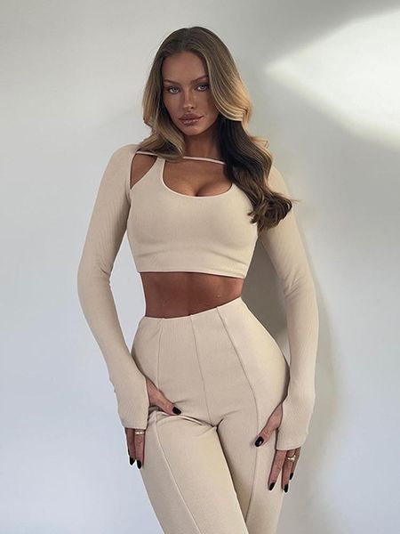 

pants hirigin sporty two piece set women solid long sleeve crop + skinny long pants streetwear casual outfits suit, White