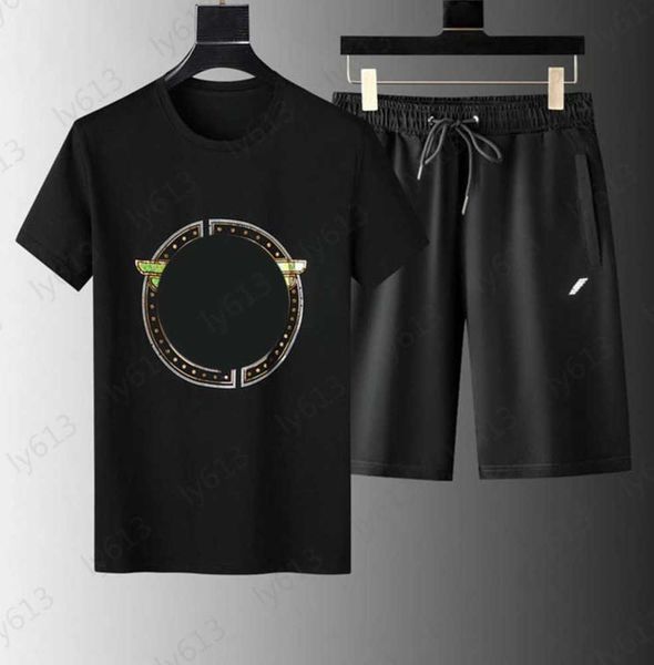 

mens black designer clothes sets fashion casual colorful towel embroidery handmade printing color matching logo short sleeved set male cloth, Gray