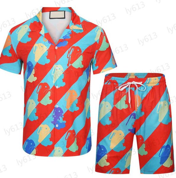 

summer streetwear men set designer loose fashion casual luxurious colorful patchwork rabbit pattern printed lapel short sleeved set male clo, Gray