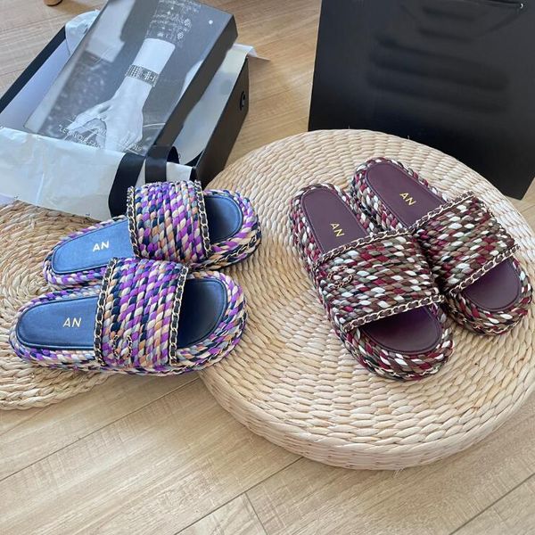 

2023ss summer womens slippers designer high-end original logo the same sandals colorful woven chain trendy fashion, Black
