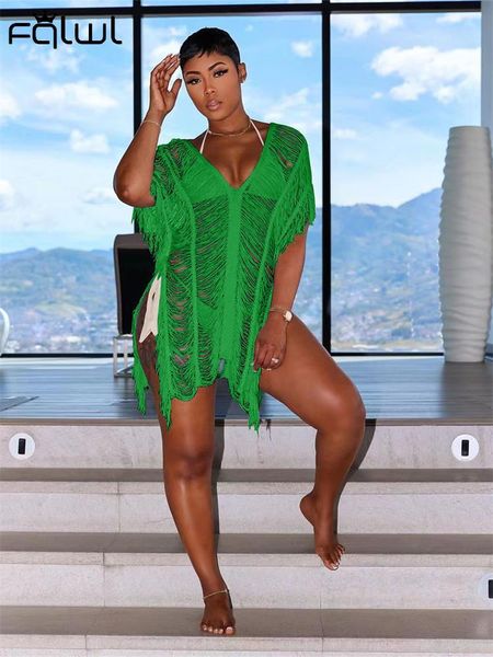 

dresses fqlwl summer streetwear y2k hollow out loose dresses for women 2023 sheer solid v neck mini dresses beach new in dresses femal, Black;gray