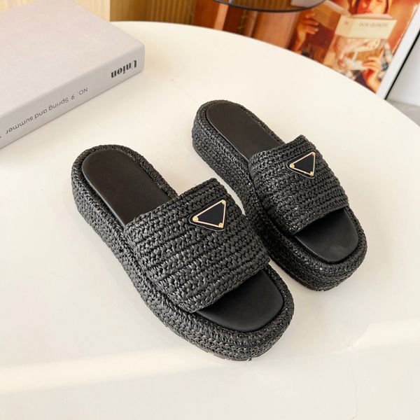 

woman black natural fabric flatform sandals slippers woven platform flip flops fashion bottom slide summer beach rubber sole