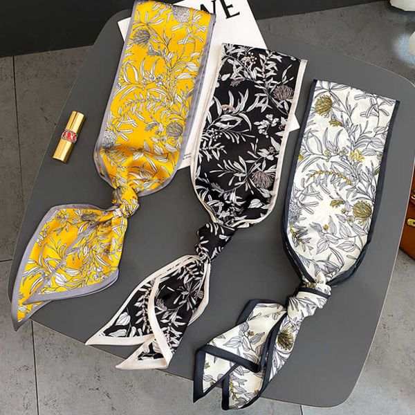 

scarves designer silk headbands for women floral luxury skinny scarf hair bands wrist foulard bandana female scarves accessories 2023 j23042, Blue;gray