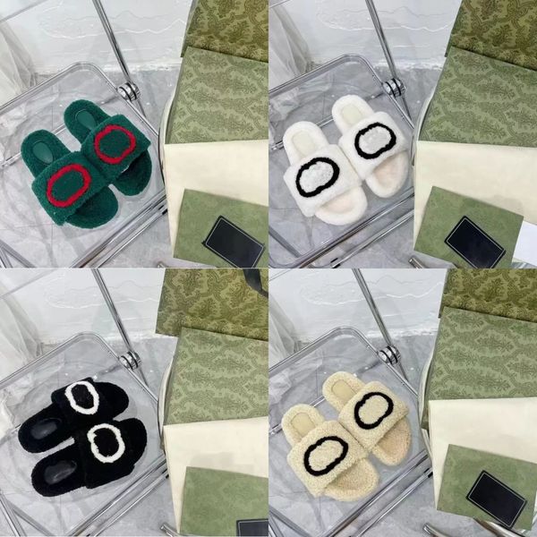 

luxury ladies flat slippers premium wool ladies classic sandals plush green white casual wearproof sandal fashion warm women's slipper, Black