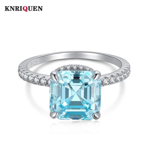 

solitaire ring retro 100% 925 solid silver 9*9mm asscher cut aquamarine high carbon diamond rings for women gemstone party fine jewelry gift, Golden;silver