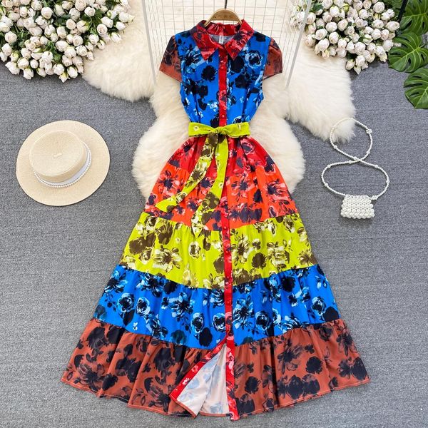 

casual dresses runway fashion women pleated dress summer designer short sleeve colorblock vintage print long party robes vacation 2023, Black;gray