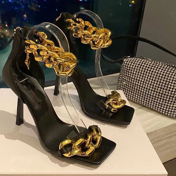 

elegant golden chain-link straps leather sandals shoes zipped heel pumps luxurious brand women's high heels eu35-42.box, Black