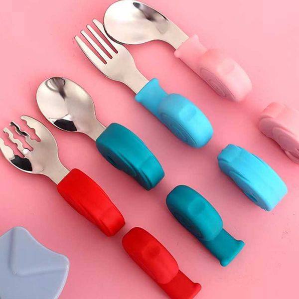 

cups dishes utensils tableware infant spoon fork set baby silicone soft spoon stainless steel tableware baby learning training spoon fork p2