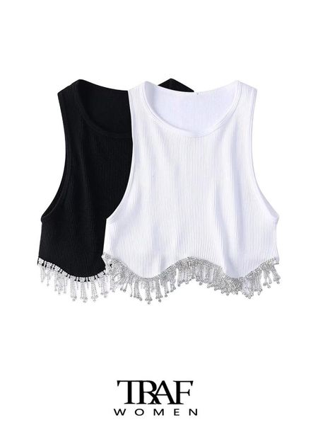 

tanks traf women fashion with rhinestone tassel crop ribbed knit tank vintage o neck sleeveless female camis mujer, Black;white