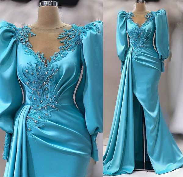 

2023 april aso ebi mermaid satin prom dress crystals high split lace evening formal party second reception birthday engagement gowns dress r, Black