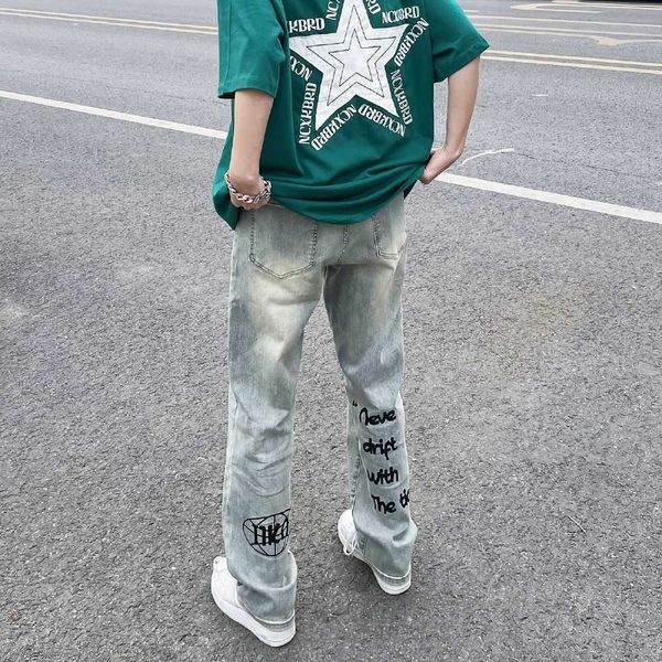

american style street made old washed hiphop printed jeans ins trendy high street skinny straight pants for men, Blue