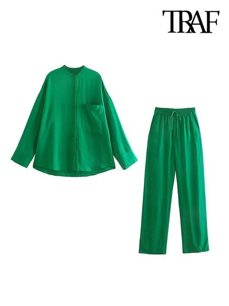 

pants traf women fashion with pockets loose cozy blouses and high elastic waist drawstring straight pants female sets mujer, White